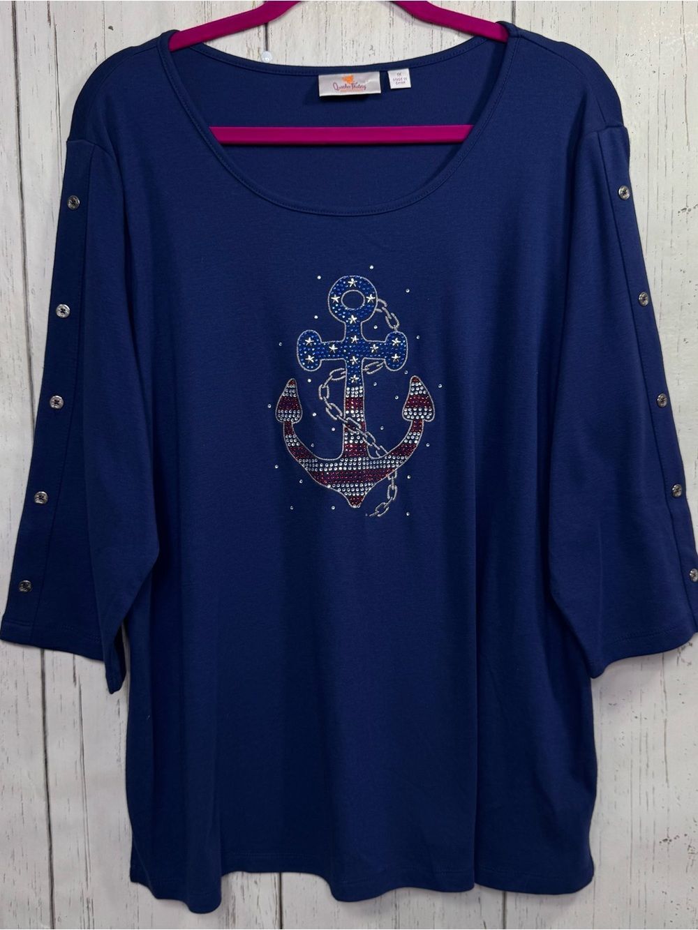 Quacker Factory Blue Rhinestone Anchor Top Nautical Patriotic Resort Coastal 1X